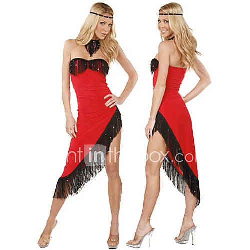 Sexy Dancer Strapless Asymmetrical Tassels Red Dress Tango Dance Costume