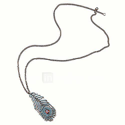 Women Peacock Tail Rhinestone Feather Pendant Necklace