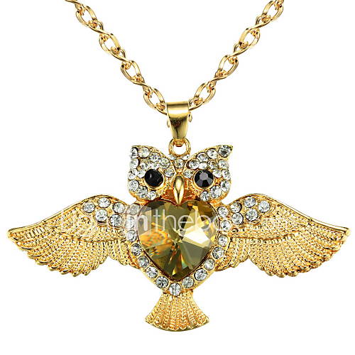 Lovely Gold Plated With Champagne Crystal Owl Pendant Womens Necklace