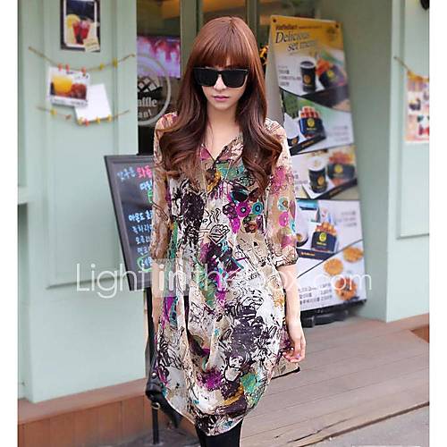 Womens Graffiti Print Pattern 3/4 Sleeve Soft Chiffon Tops Blouse