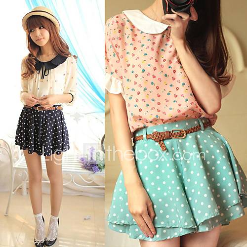 Womens Polka Dots Pants Chiffon Culottes Elastic