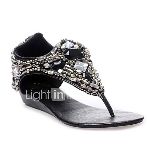 Faux Leather Womens Wedge Heel Sandals with Beading And Rhinestone Shoes(More Colors)