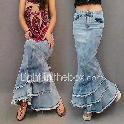 Bohemia Curvaceous / Multi Flounced Denim Stitching Slim Fashion Woman Jeans Mermaid Fishtail Long Skirts