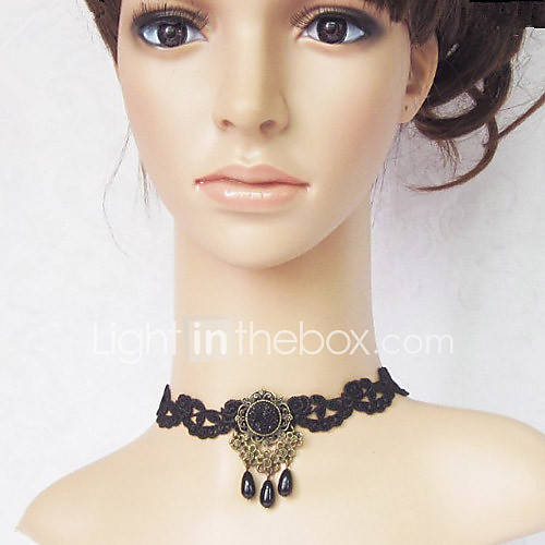 Handmade Dark Queen Black Gemstone Lace Gothic Lolita Necklace