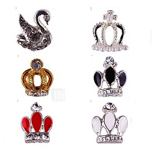 5PCS Crown And Swan Shape 3D Metal Crystal Nail Decorations No.52 57 (Assorted Colors)