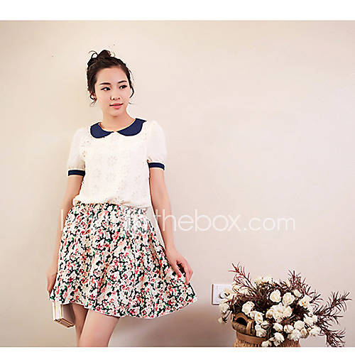 Newcomerland Korean Chiffon Lace Collar Hollow Doll Chiffon Shirt(White)