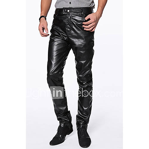 Mens Fashion Faux Leather Slim Fit Trousers Pants Black