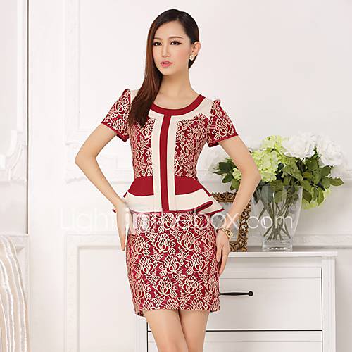 Yemen Rose Womens Red Round Collar Short Sleeve Falbala Fitted Style Two Piece Like Dress