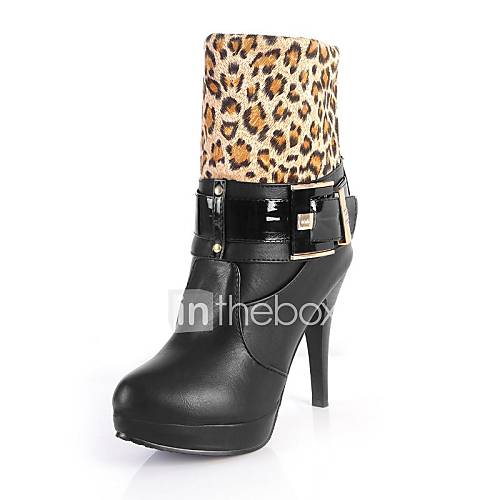 Faux Leather Womens High heel Fashion Sexy Ankle high Boots with Leopard Printed collar (More Colors)
