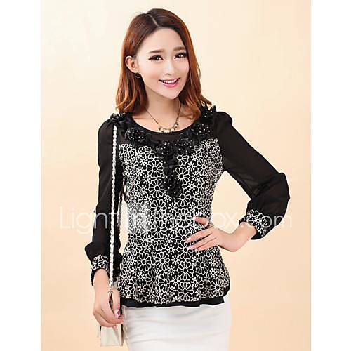 Womens Floral Lace Bodycon Splicing Blouse