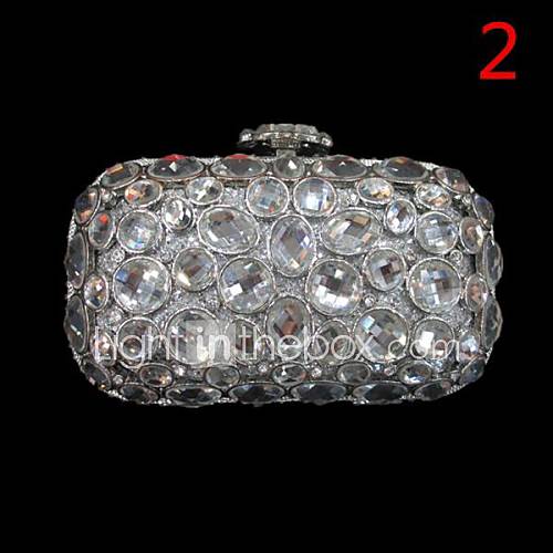 Silver Clear Crystals Ring Clasp Purse Clutch Cocktail Boxes Evening Bag