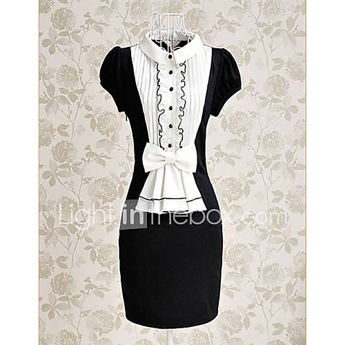 TS Vintage Color Block Bow Pleats Lapel Slim Dress