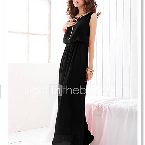 Moon Sunday Womens Spring Black Bohemia Solid Color Chiffon Long Dress(excl. necklace)