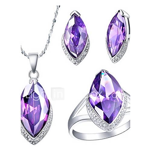 Charming Silver Plated Cubic Zirconia Olivary Womens Jewelry Set(Necklace,Earrings,Ring)(Red,Purple)