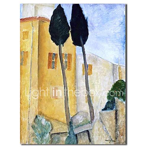 Hand Painted Oil Painting Abstract Cypress Trees and Houses with Stretched Frame Ready to Hang