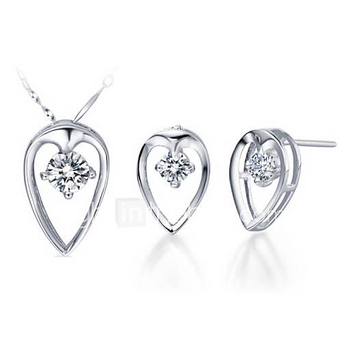 Delicate Silver Plated Silver With Cubic Zirconia Pierced Drop Shaped Womens Jewelry Set(Including Necklace,Earrings)