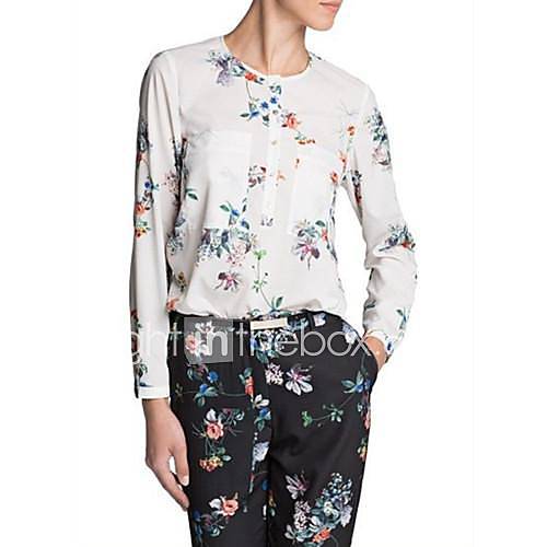 Womens Round Collar Print Plus Size Chiffon Shirt