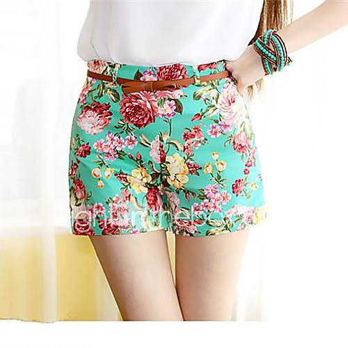 Womens Green Flower Print Summer Short Pants