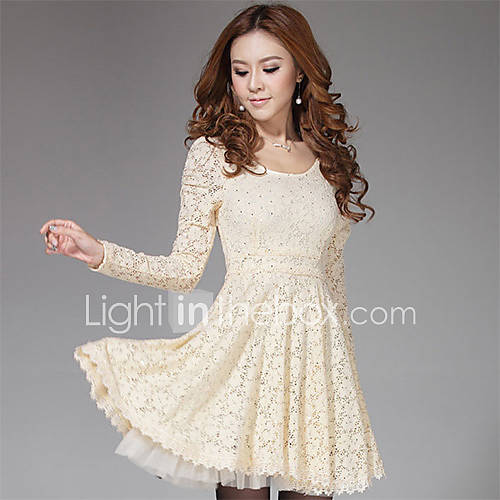 Lishang Womens Korean Style Lace Fitted Long Sleeve Dress(Almond)