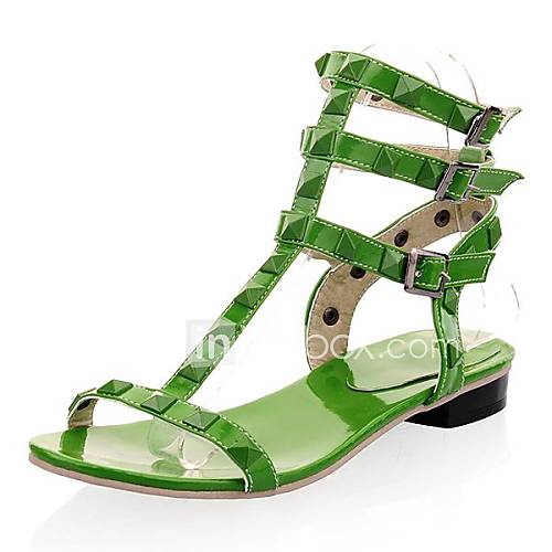 Patent Leather Womens Flat Heel T Strap Sandals With Rivet Shoes(More Colors)