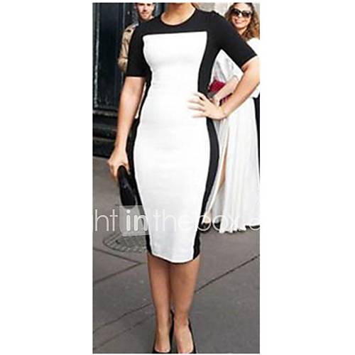 Womens Sexy Round Neck Short Sleeve Contrast Color Stitching Dresses