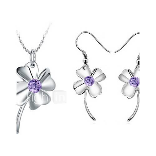 Classic Silver Plated Silver With Purple Cubic Zirconia Clover Womens Jewelry Set(Including Necklace,Earrings)