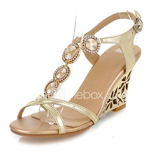 Leather Womens Wedge Heel T Strap Sandals With Rhinestone Shoes(More Colors)