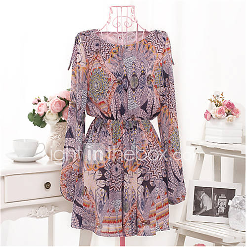 XiXi Womnes National Wind Print Fitted Long Sleeve Dress(Screen Color)