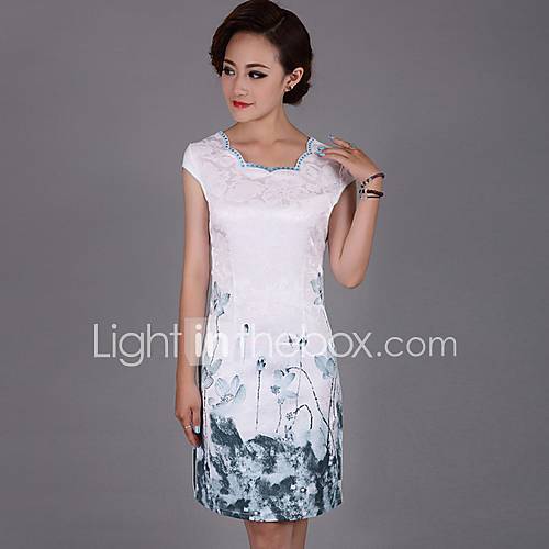 Yeshu Retro National Floral Short Bodycon Green Flowers Cheongsam (White)