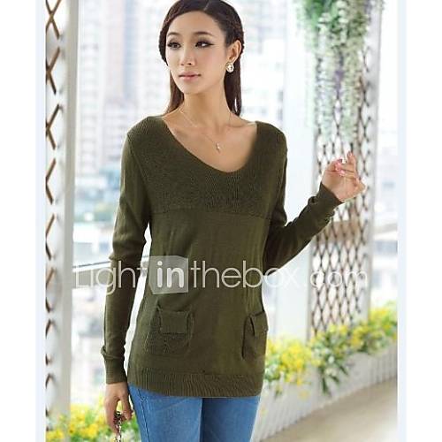 Womens V Collar Long Sleeve Pocket Simple Slim Knitted Sweater