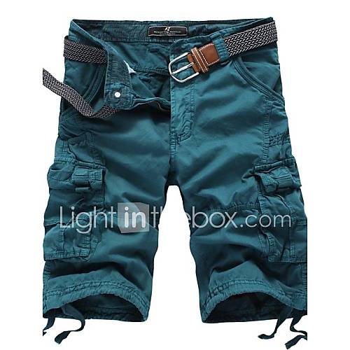 Mens Solid Color Multi Pocket Straight Shorts(without Belt) 9621 Blue