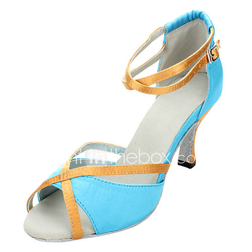 Customized Womens Satin Color Block Ankle Strap Sandals Latin Dance Shoes