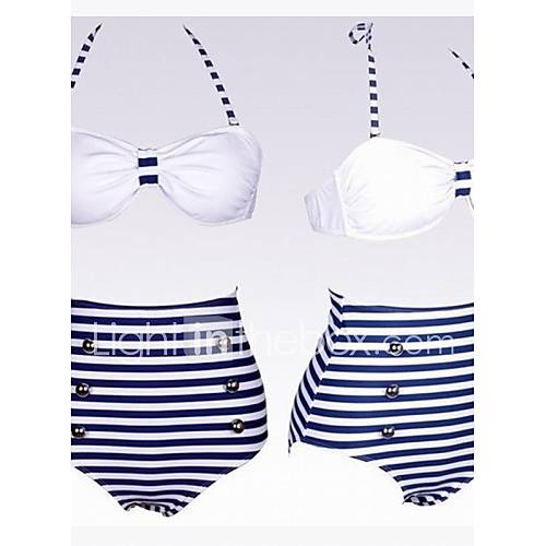 Fashionable Navy Blue and White Tall Waist Swimwear