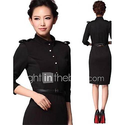 Womens New Fashion Elegant Stand Collar Black Half Sleeve Knee length Dress with Belt