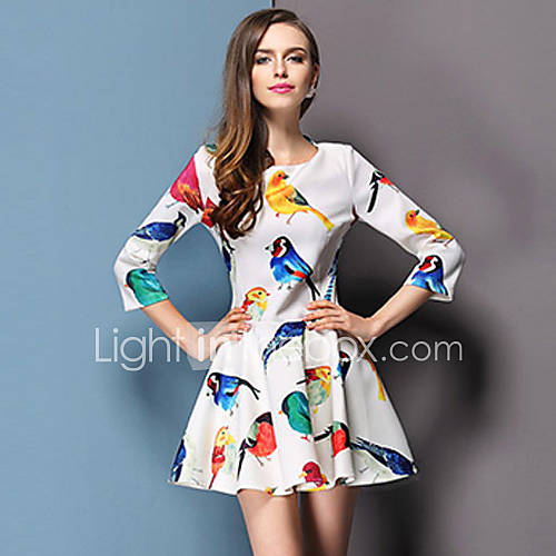 Lishang Womens European Style Colorful Print 3/4 Sleeve Dress(White)