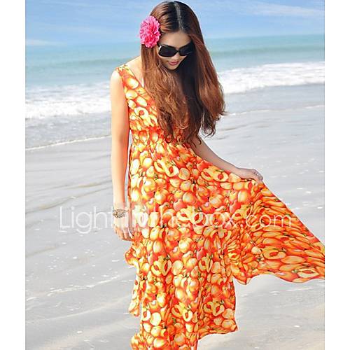 DGWE Womens Fruit Design Beach Bohemian V Neck Chiffon Dress(Orange)