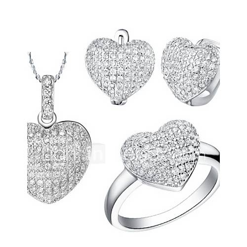 Classic Silver Plated Clear Cubic Zirconia Heart Shaped Womens Jewelry Set(Necklace,Ring,Earrings)