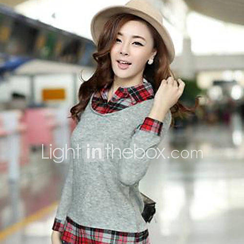 Aiyifang Casual Check Long Sleeve Slim T Shirt(Dark Gray)