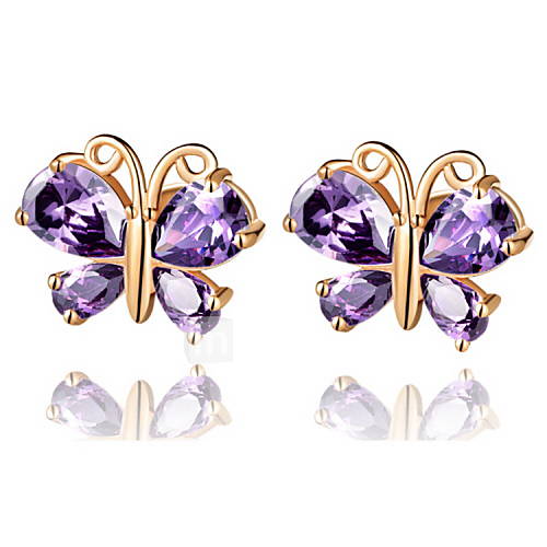 Sweet Gold Or Silver Plated With Purple Cubic Zirconia Butterfly Womens Earrings(More Colors)