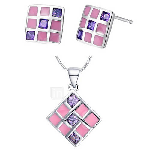Original Silver Plated Cubic Zirconia Tiny Square Womens Jewelry Set(Necklace,Earrings)(Pink,White)