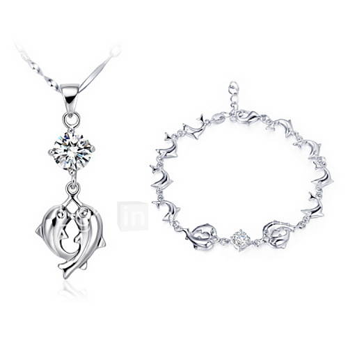 Sweet Silver Plated Silver With Cubic Zirconia Kissing Dolphins Womens Jewelry Set(Including Necklace,Bracelet)