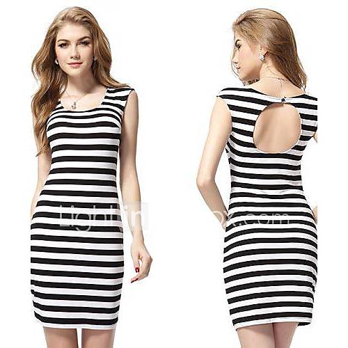Round Neck Open Back Black And White Pinstriped Casual Dress
