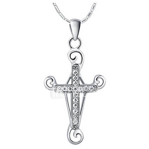 Vintage Cross Shape Slivery Alloy Necklace With Rhinestone(1 Pc)