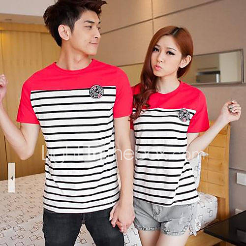 Aiyifang Casual Sport Stripe Short Sleeve Lovers T Shirt(Red)