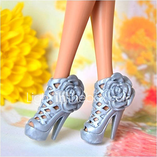 Barbie Doll Gray PVC High heeled Sandal with Big Rose Pattern