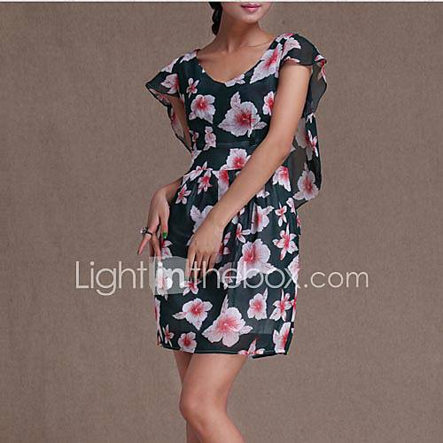 LIFVER Womens Casual Batwing Sleeves Floral Print Dress