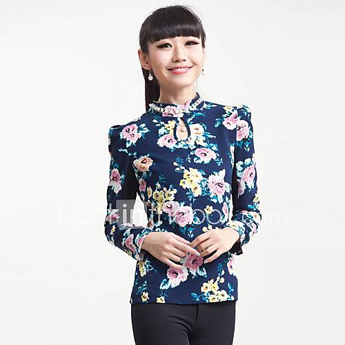 Womens Pan Collar Print Long Sleeve Loose Fit Casual Blouse