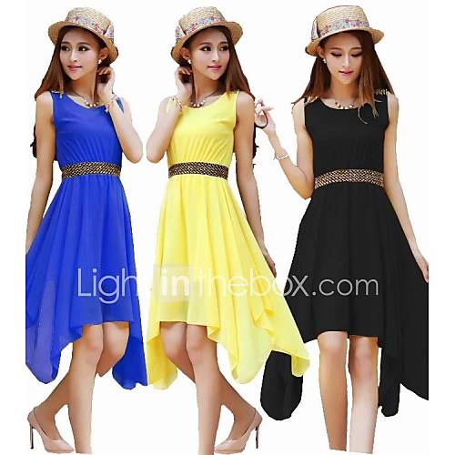 Womens Summer Solid Color Chiffon Sleeveless One piece Dress