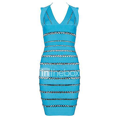 Blue V Neck Stripe Beaded Slim Bodycon Blue Bandage Dress