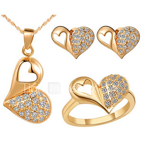 European Silver Plated Cubic Zirconia Half Pierced Heart Womens Jewelry Set(Necklace,Earrings,Ring)(Gold,Silver)